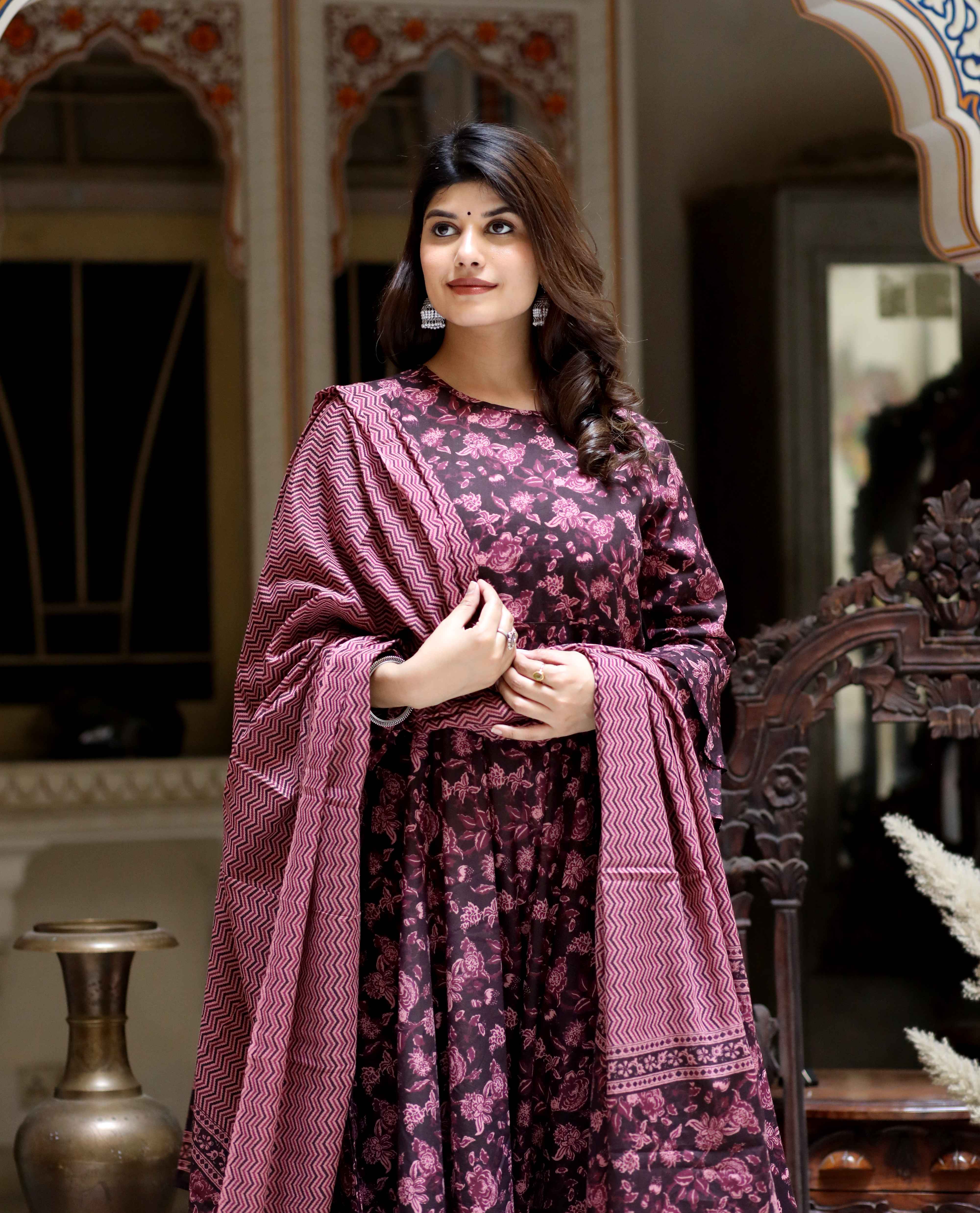 Maroon Printed Cotton Anarkali Kurta with Bell Sleeves & Dupatta Set